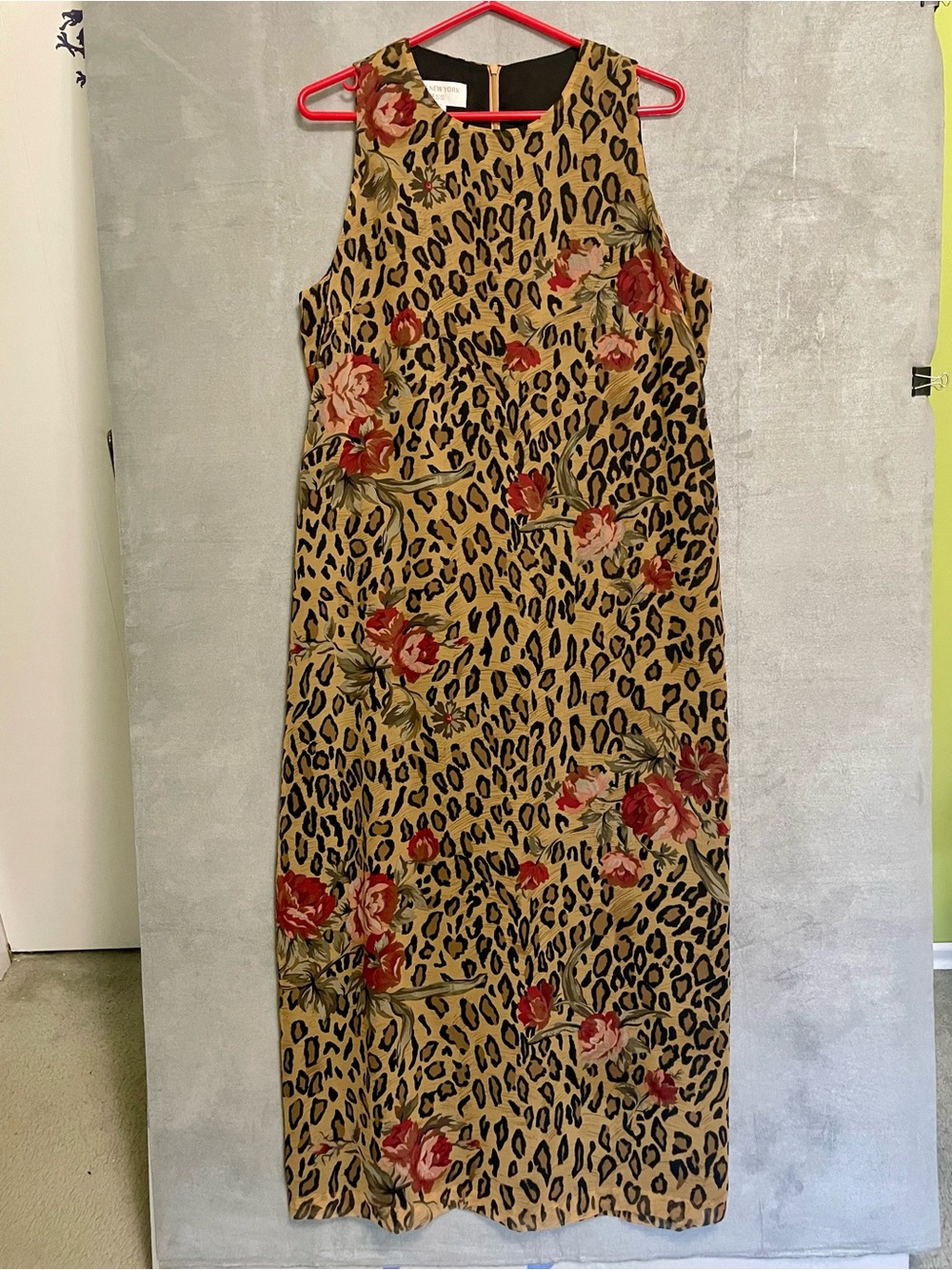Jones New York Sleeveless Leopard & Floral Maxi Dress in Tan with Red Accents